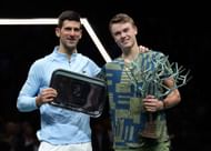 Novak Djokovic (L) and Holger Rune pictured at the 2022 Paris Masters